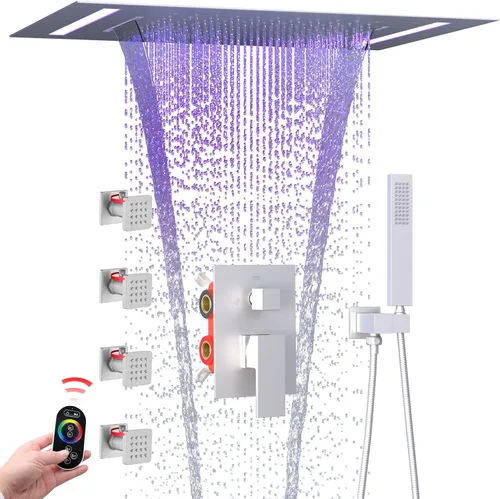 Miniatura 17 de ENGA Sistema de cabezal de ducha de lluvia doble, 2 en 1 funciones de montaje en techo, cabezal de ducha LED de 14 x 20 pulgadas con cabezal de Oro