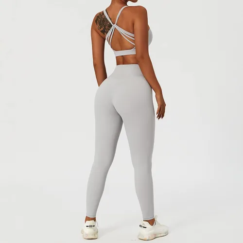 Miniatura 6 de ABOCIW Conjuntos de entrenamiento para mujer, 2 piezas, cintura cruzada, leggings de cintura alta, tirantes deportivos, para ejercicio, gimnasio