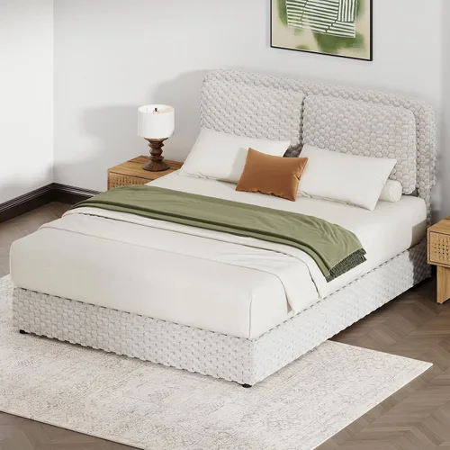 Miniatura 8 de REVOMINCA Marco de cama de tamaño matrimonial, marco de cama suave con 2 cabeceras de almohada, marco de cama tapizado de felpa de piel sintética