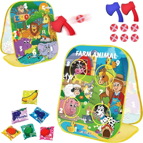 RaboSky Juego de lanzamiento de bolsas de puf de animales de granja 3 en 1, juego de hachas y bolas adhesivas para niños de 2, 3, 4, 5 años, Granja
