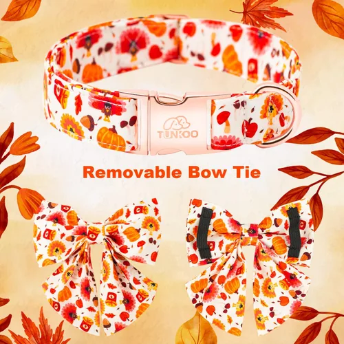 Miniatura 4 de Tunkoo Collar de perro con bonito patrón de calabaza y pavo con corbatín, duradero, ajustable y elegante, collar para mascotas de Acción de Gracias