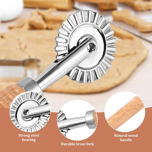 Miniatura 5 de SHANGSKY Rueda cortadora de repostería, rueda de corte de ravioles con mango largo de madera, cortador de pasta, bola de masa para hacer encaje