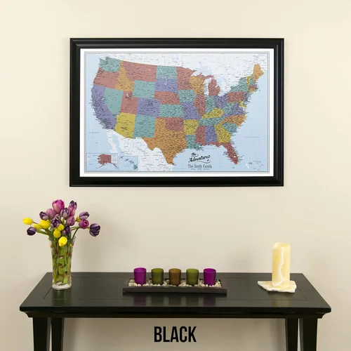 Miniatura 21 de Push Pin Travel Maps Lienzo personalizado Blue Oceans USA con marco gris de madera de granero