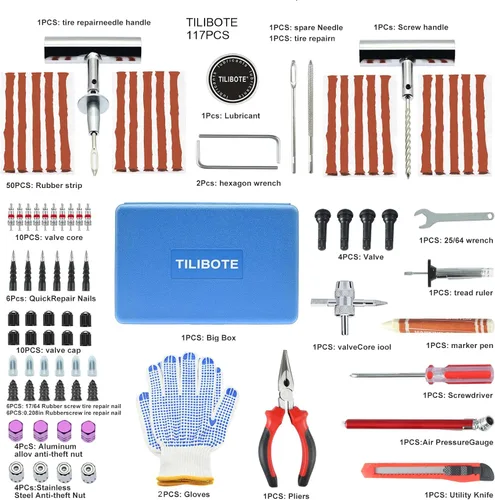 Miniatura 2 de Kit de reparación de neumáticos TILIBOTE, 117 piezas, kit de tapones de neumáticos resistentes, con kit de parches de neumáticos universal