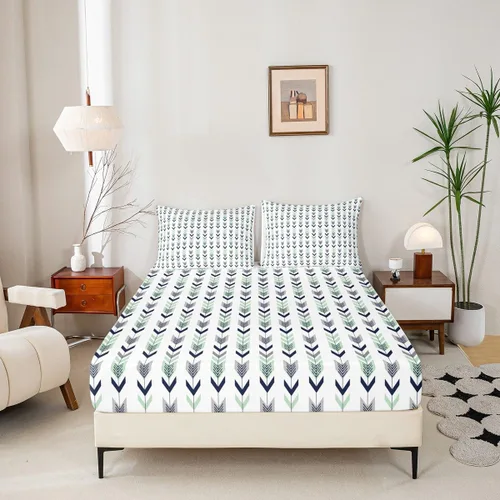 Miniatura 4 de Juego de sábanas geométricas con flechas ajustadas Manfei, patrón étnico con plumas, juego de ropa de cama bohemio exótico de 3 piezas para Gris