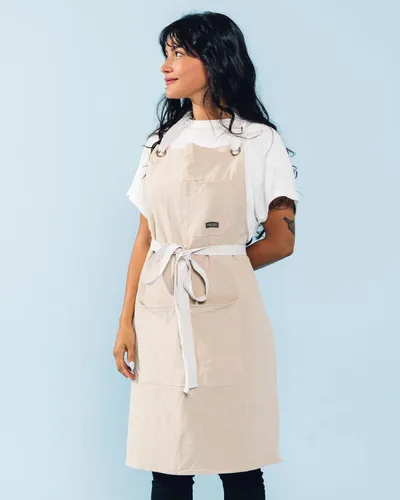 Miniatura 2 de Delantal de cocina de lino Caldo para cocinar - Delantal con peto de lino para hombres y mujeres para chef profesional, camarero o barista - Hueso