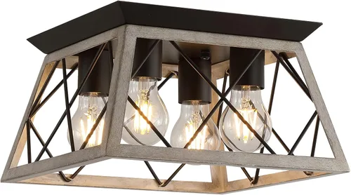 Q&S - Lámpara de techo semiempotrable de estilo rústico de roble, vintage, con 4 luces, cuadrada, estilo rústico, para entrada, pasillo, comedor,
