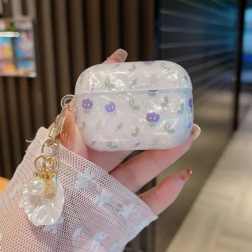 Miniatura 3 de Linda funda Airpod Pro 2 con perla de concha y llavero floral de mármol, funda protectora dura de TPU para AirPods Pro de 2ª generación para mujeres