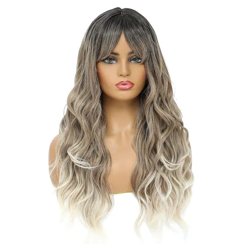 Miniatura 18 de SWACC Peluca larga y rizada ondulada con flequillo peluca de pelo sintético para mujeres con gorra de peluca (negro)
