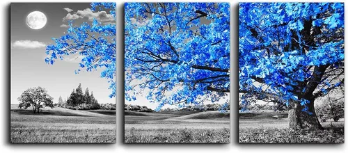 Miniatura 25 de Arte de pared para sala de estar, blanco y negro, árbol azul, luna, lienzo para decoración de pared para el hogar, obra de arte enorme, pintura