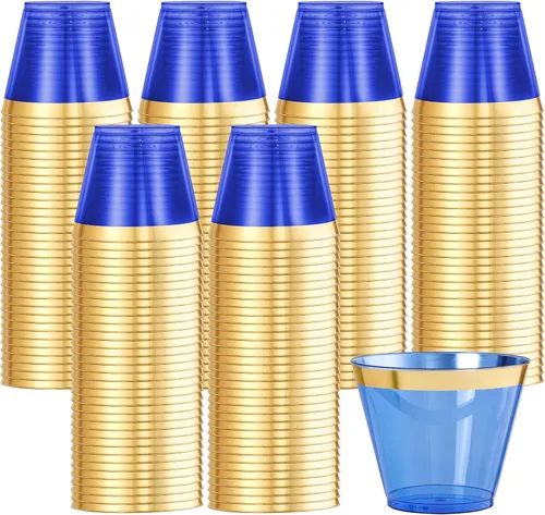 Miniatura 10 de Superrnal 100 piezas Vasos de Plástico Dorados y Negros 9OZ Elegantes Vasos Transparentes con Borde Dorado para Fiestas Vasos Desechables Elegantes
