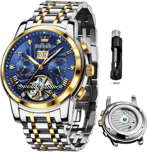 Miniatura 39 de OLEVS Reloj de pulsera automático con diseño de esqueleto para hombre, de lujo, con diamantes de lujo, de acero inoxidable, calendario, reloj