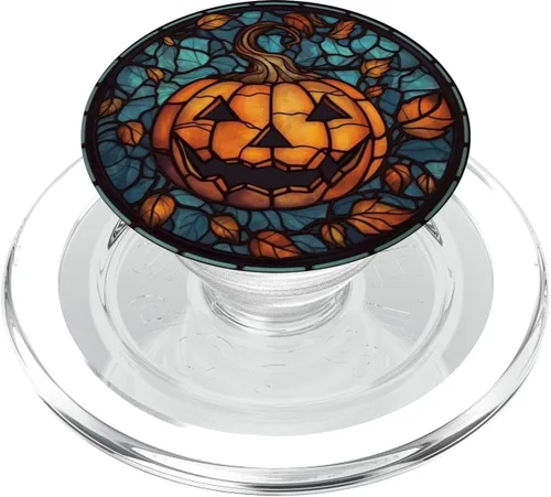 Miniatura 8 de Calabaza de Halloween vidrieras hojas de otoño negras PopSockets Standard PopGrip