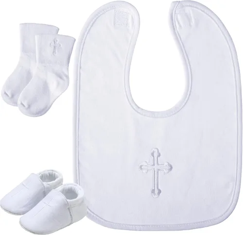 Hicarer 5 piezas de regalos de bautismo para niños y niñas, incluyendo babero blanco bordado cruz babero bautizo zapatos y calcetines para bebé bebé