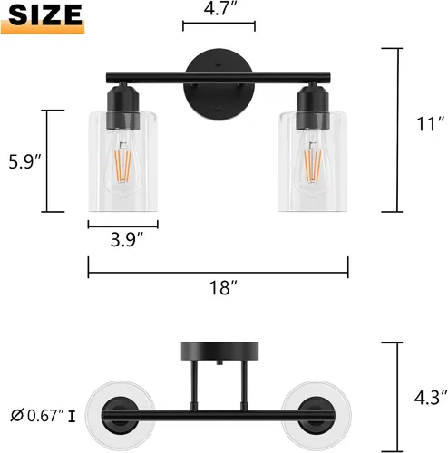 Miniatura 5 de Luz de Tocador de Baño Negra de 2 Luces Luces de Tocador de Baño Rústicas Sobre Espejo, Certificada por UL Apliques de Pared Industriales Modernos