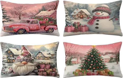 Miniatura 29 de Juego de 4 fundas de almohada de Navidad de 12 x 12 pulgadas, fundas de almohada de terciopelo de Navidad, fundas de almohada doradas y rojas