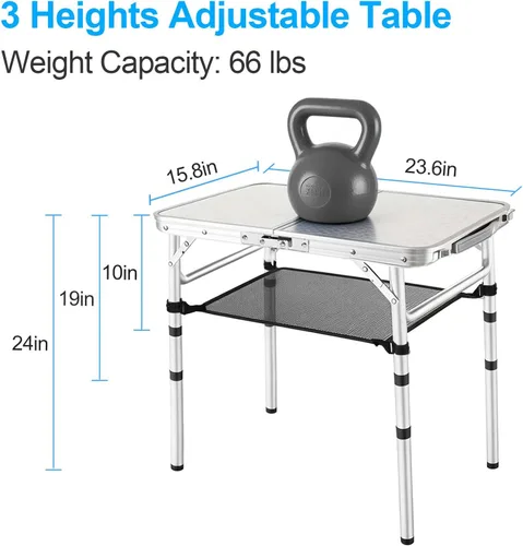 Miniatura 5 de YUFIFAIRY Mesa de campamento plegable pequeña, mesa portátil de 2 pies con 3 alturas ajustables, mesa de picnic plegable ligera de aluminio con capa