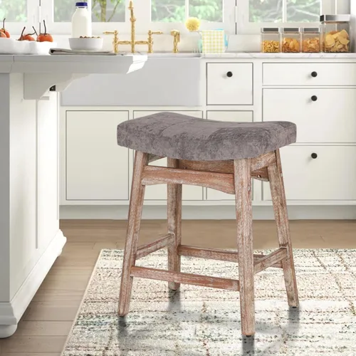 Miniatura 27 de ALPHA HOME Taburete de bar, taburete de cocina de silla de montar de madera maciza con cojín de tela de lino beige, taburete de bar de altura