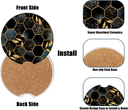 Miniatura 3 de Portavasos para automóvil, posavasos de cerámica absorbente con hojas de mármol negro, portavasos para bebidas, accesorios para automóviles