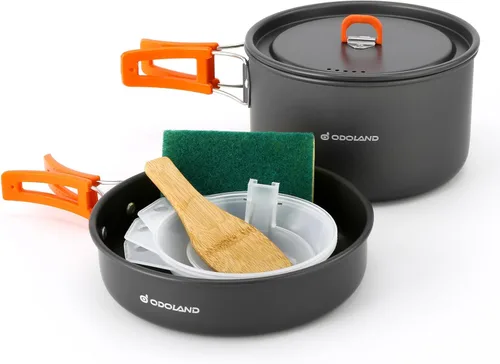 Odoland Juego de ollas y sartenes ligeras antiadherentes con cuencos de plástico, cuchara de sopa para mochileros, cocina al aire libre y picnic