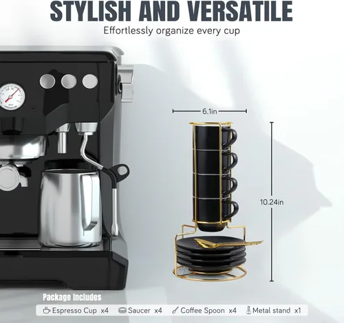 Miniatura 4 de Lareina Juego de 4 tazas de café espresso de 3 onzas, pequeñas tazas de café apilables con platillos, cucharas y soporte de metal, tazas de cerámica