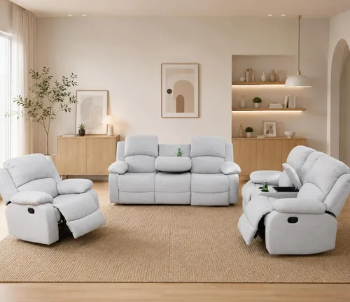 Miniatura 17 de Juego de sofá reclinable manual, juego de sofá reclinable de pana, juego moderno de muebles para sala de estar, sofá reclinable con silla para sala