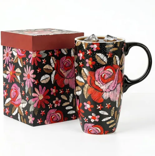 Miniatura 14 de DUSVALLY Taza de Café de Cerámica Taza Alta con Tapa, Taza de Té de Porcelana con Asa para Café con Leche, Capuchino y Cacao, Tazas de Café