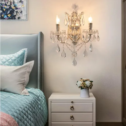 Miniatura 3 de YLONG-ZS Aplique de pared de cristal de campo francés, 2 luces envejecidas estilo vela de oro blanco con cristales de lágrima, decoración