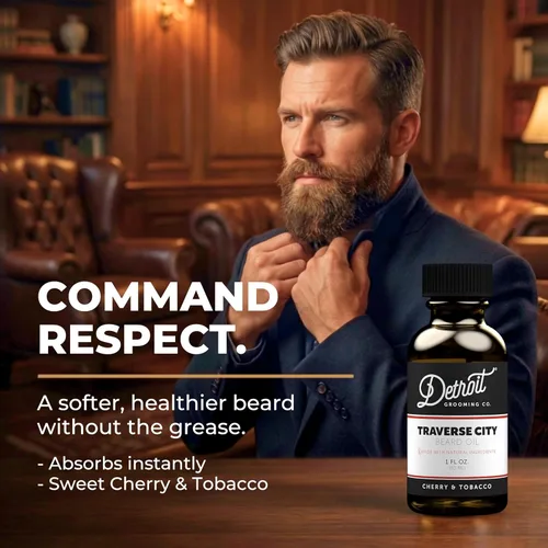 Miniatura 9 de Detroit Grooming Co. Aceite para barba Fórmula hidratante y nutritiva con vitamina E Cereza y tabaco • Traverse City (1 oz)
