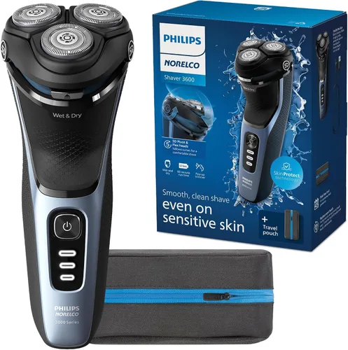 Philips Norelco Shaver 3600 Series, afeitadora eléctrica en seco y húmedo, P-Cap, estuche de viaje, azul tormenta, modelo S3243/91