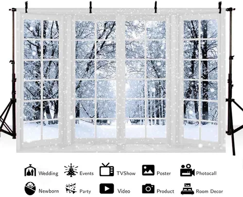 Miniatura 2 de MEHOFOND Telón de fondo de fotografía de invierno de 8 x 6 pies con diseño de bosque de nieve blanca, ventana, copo de nieve, árbol, decoración