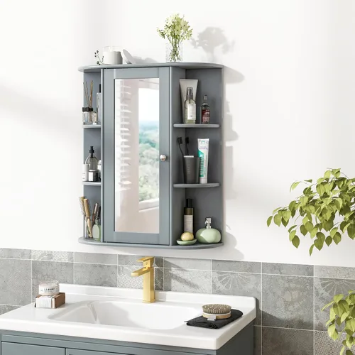 Miniatura 2 de Tangkula Botiquín de baño, armario de almacenamiento montado en la pared con puerta de espejo, extraíble y 3 estantes ajustables, armario de espejo