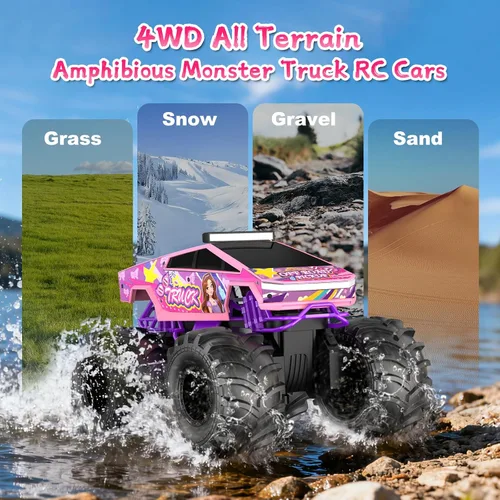 Miniatura 5 de Auto de control remoto anfibio, camión monstruo rosa 1:18, juguetes para niñas, autos RC de 2.4 GHz, camiones RC impermeables de 2.4 GHz, camioneta