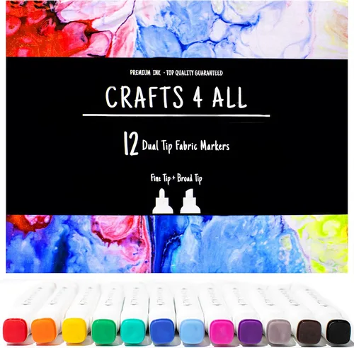 Crafts 4 All Marcadores de tela para ropa, paquete de 12 bolígrafos permanentes de doble punta que no se decoloran, no se corren, lavables a Blanco