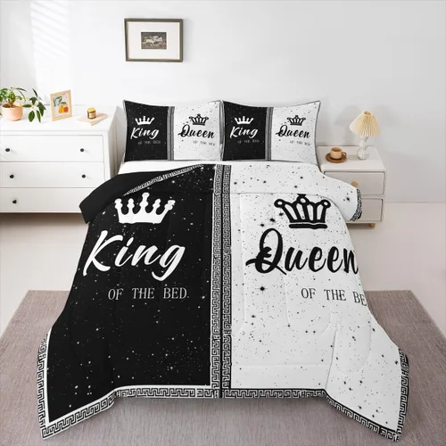 Miniatura 4 de jejeloiu Juego de edredón con patrón de corona, edredón estampado King y Queen para niños y adolescentes, juego de ropa de cama moderno de arte