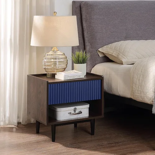 Miniatura 2 de Manhattan Comfort Duane Mesita de noche acanalada con cajón de extensión completa y estante abierto, patas de acero, mesita de noche, mesa de acento