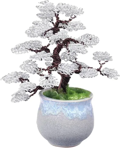 Miniatura 11 de rockcloud Escultura de árbol de dinero de alambre de aluminio con base de cerámica, bonsái de Feng Shui, decoración de oficina en casa para suerte