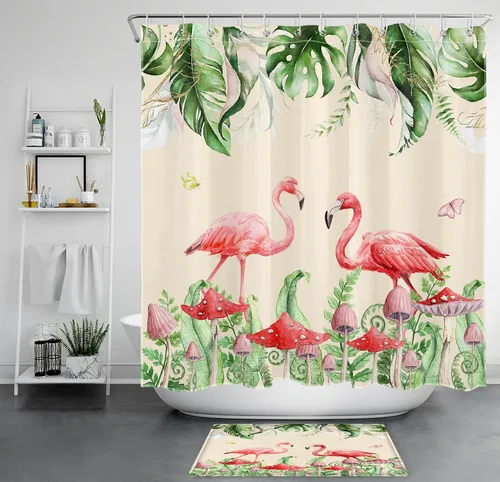 Miniatura 15 de Juego de cortinas de ducha de flamenco rosa, hoja verde salvia con hongo rojo, cortina de ducha para baño, cortina de ducha tropical de hoja
