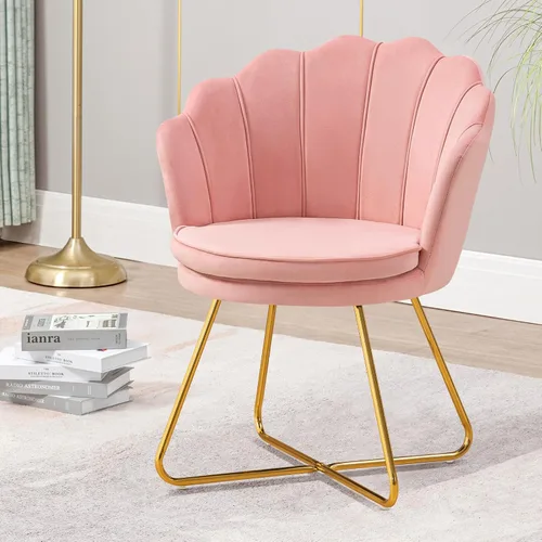 Miniatura 11 de Furniliving Sillas de tocador rosas, silla de maquillaje de terciopelo para dormitorio, silla de escritorio de oficina en casa con patas chapadas