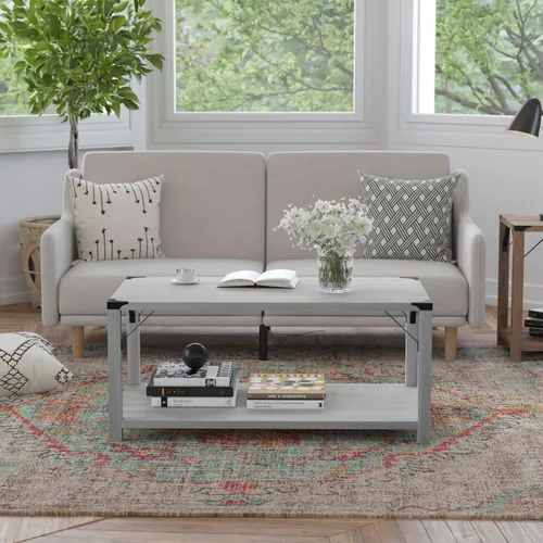 BizChair Modern Farmhouse - Mesa auxiliar de 2 niveles, marco de madera de ingeniería gris Aspen, soportes laterales entrecruzados de metal negro y