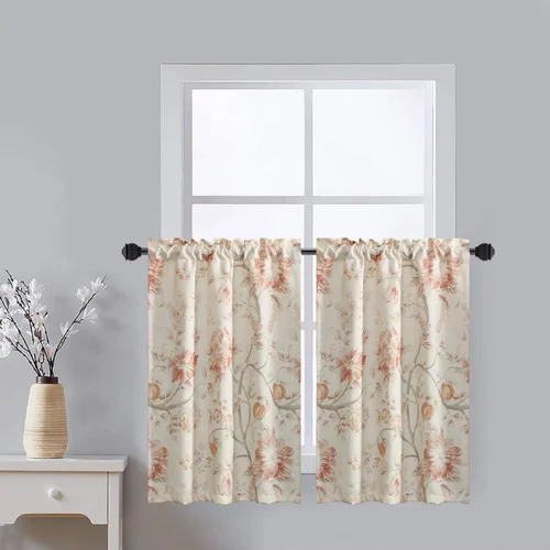 Miniatura 45 de Leeva Cortinas rústicas de cocina con estampado floral verde mezclado de lino para media ventana, para comedor, bolsillo para barra, cafetería