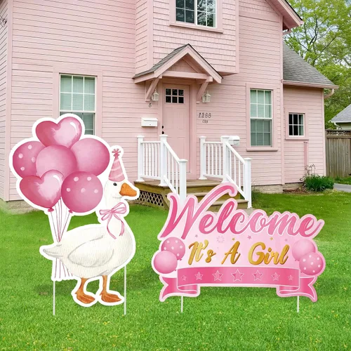 Miniatura 11 de 2 piezas de señal de jardín para baby shower con estaca, señal de revelación de género rosa, elefante, decoración de césped, bienvenida, es una