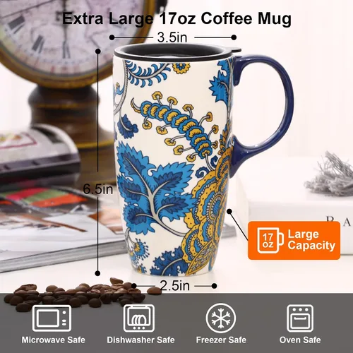 Miniatura 2 de Topadorn Taza de café de cerámica de 17 onzas, taza de viaje floral de cachemira azul y amarillo con tapa, apta para microondas y lavavajillas, sin