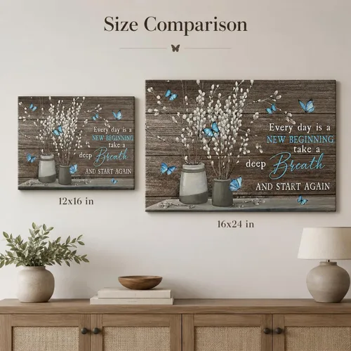 Miniatura 6 de Arte de pared de lienzo para baño estilo granja, vintage, rústico, país, flor, mariposa azul, pintura, imagen, decoración de pared, Cada día es un