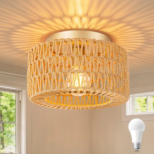 Miniatura 11 de SineRise Lámparas de techo de ratán (30 cm, bombilla LED incluida), lámpara de techo de montaje empotrado tejida a mano estilo bohemio, lámpara