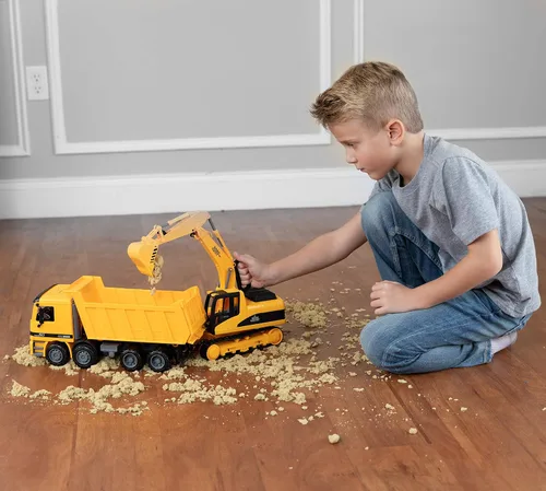 Miniatura 6 de Toy To Enjoy Juguetes de construcción – Excavadora y camión volquete de juguete para niños (juego de 2) – Garra movible y elevación trasera – Camión