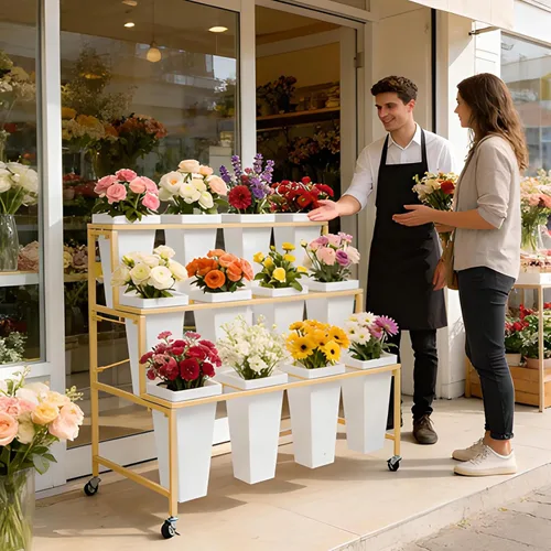 Miniatura 5 de Soporte de exhibición de flores de 3 niveles, soporte móvil de metal para plantas con 12 cubos, carrito de flores con ruedas, adecuado para G
