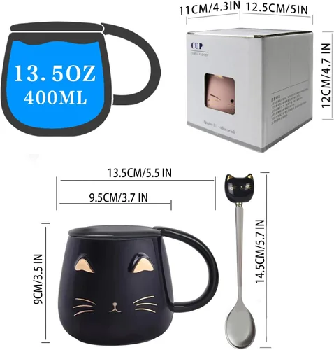 Miniatura 3 de Yuwu Taza de café con diseño de gato, regalo para los amantes de los gatos, taza de cerámica, taza novedosa con tapa y cuchara de acero inoxidable
