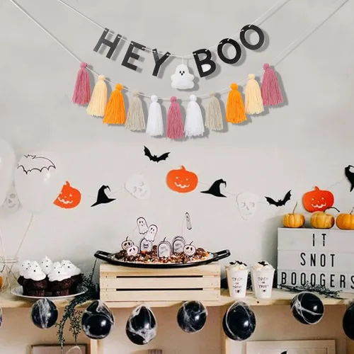 Miniatura 5 de Hey Boo - Pancarta con borlas de fantasma, pancarta de borla de fantasma para Halloween, decoración del hogar de Halloween, pancarta de fantasma