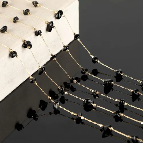 Miniatura 6 de KYUNHOO Cadenas de joyería de piedra natural de 16.4 pies a granel, cadenas de piedras irregulares negras para collares, tobilleras chapadas en oro